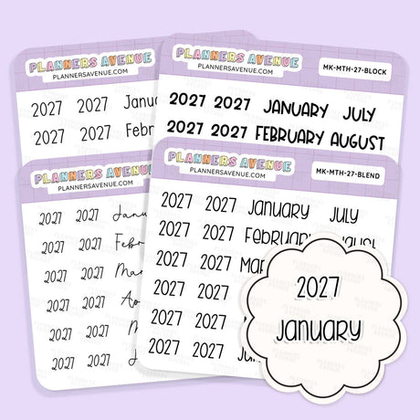 2027 Month & Year Planner Stickers sheets from Planners Avenue featuring the year 2027 in black script on white labels with lavender headers. A cloud-shaped sticker reading '2027 January' is shown in front.