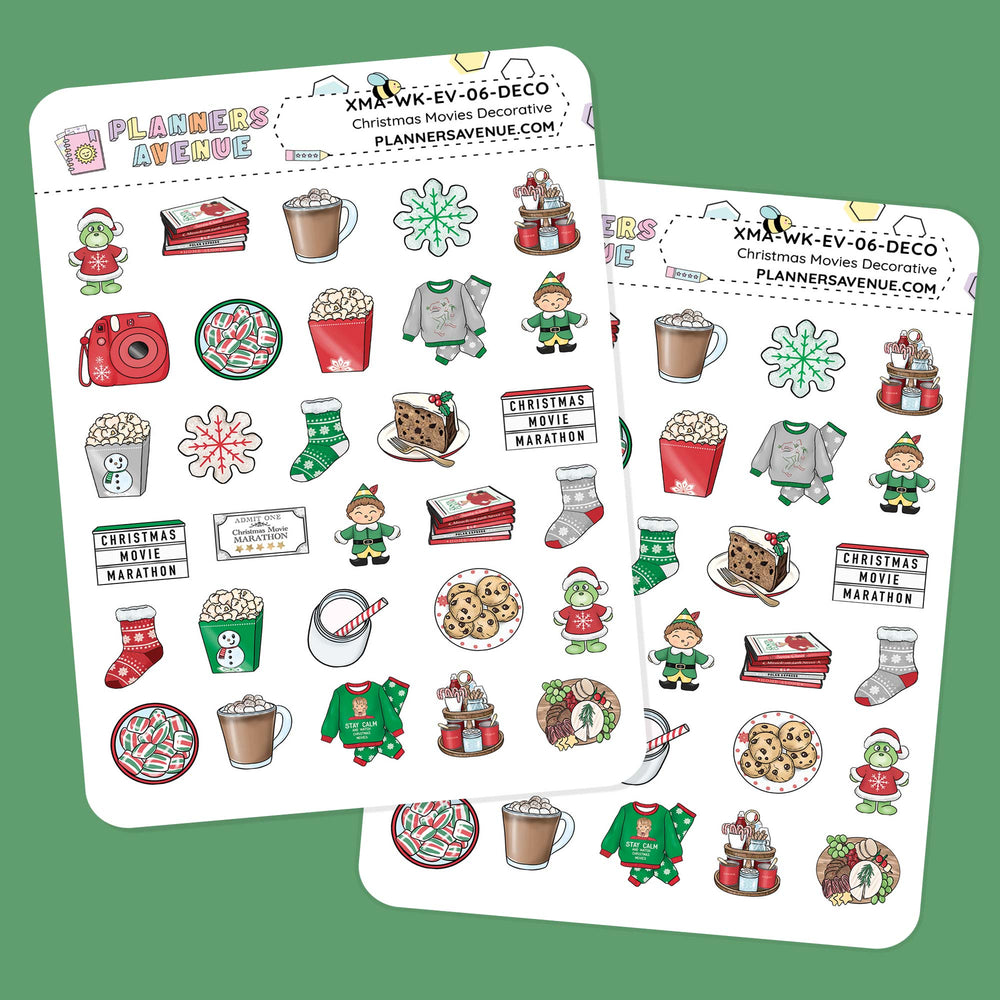 Christmas Movies Small Decorative Planner Sticker sheet with illustrated  Christmas-themed decorative planner stickers on a green background.