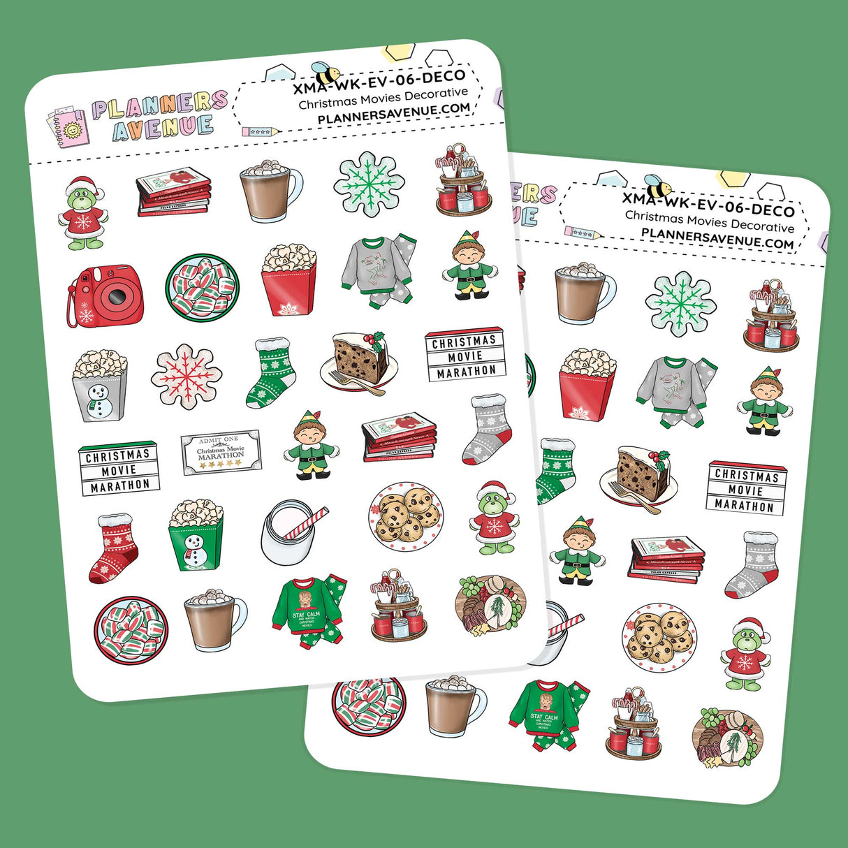 Christmas Movies Small Decorative Planner Sticker sheet with illustrated  Christmas-themed decorative planner stickers on a green background.