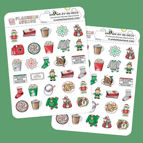 Christmas Movies Small Decorative Planner Sticker sheet with illustrated  Christmas-themed decorative planner stickers on a green background.