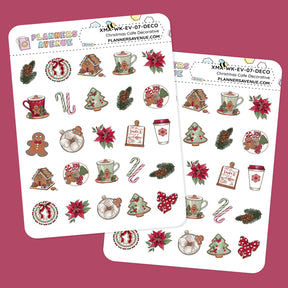 Christmas Cafe Small Decorative Planner Sticker Christmas-themed decorative planner stickers on a pink background.