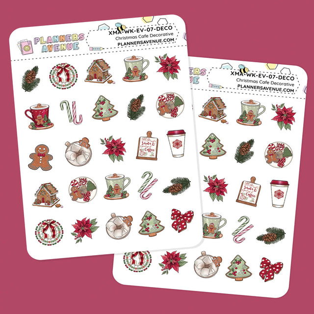 Christmas Cafe Small Decorative Planner Sticker Christmas-themed decorative planner stickers on a pink background.