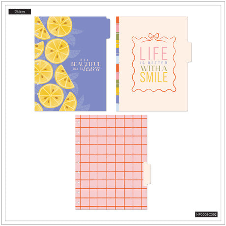 Happy Planner Fruit Stand Classic Notebook colourful planner dividers with lemon design, motivational quote, and grid pattern on a white background.