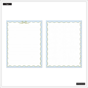 Two blank pages with decorative borders on a white background