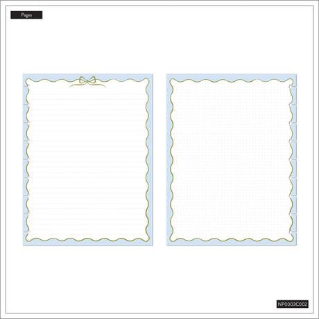 Two blank pages with decorative borders on a white background