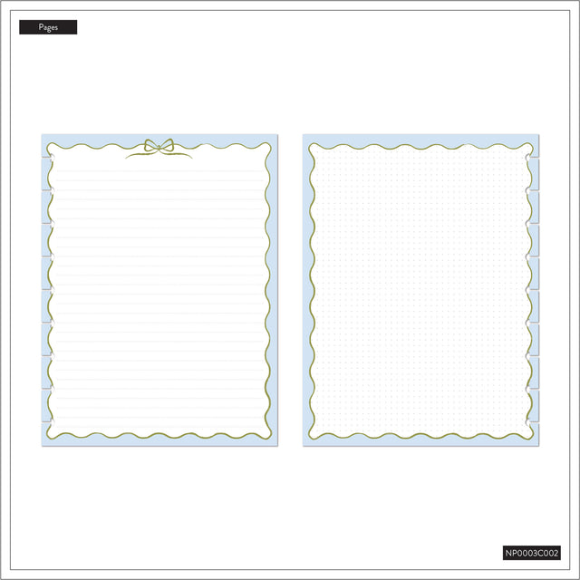 Two blank pages with decorative borders on a white background