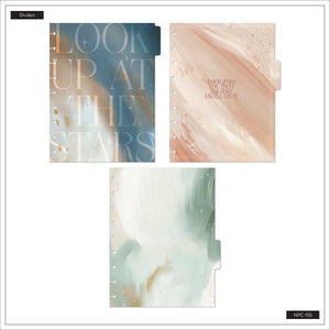 Starlit Glow notebook's three dividers with blue, blush and soft green celestial designs