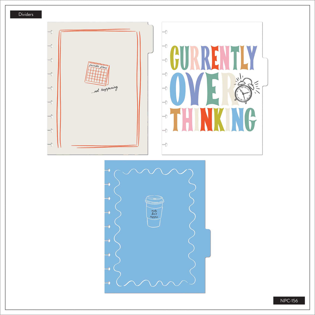 Pajama Plans notebook dividers with colourful borders and Currently Overthinking artwork