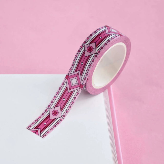 No Strings Washi Tape with pink and white pattern on a pink background