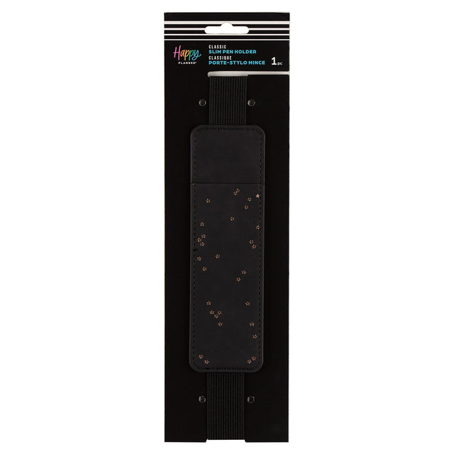 Black pen holder with decorative studs on a black packaging sleeve, featuring the brand 'Happy'.