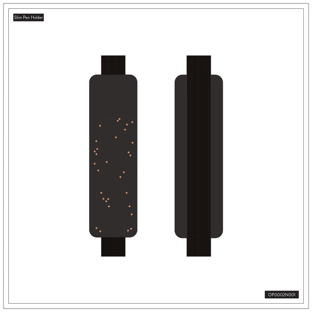 Front and back view of pen holder on an elastic strap with a white background