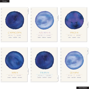 Six astrological planner dividers with blue circular designs on a white background
