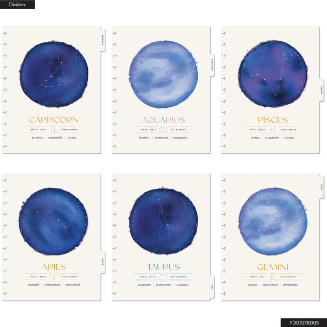 Six astrological planner dividers with blue circular designs on a white background