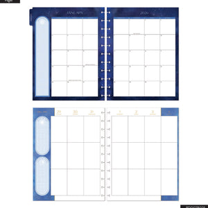 Blue planner cover with calendar layout on a white background