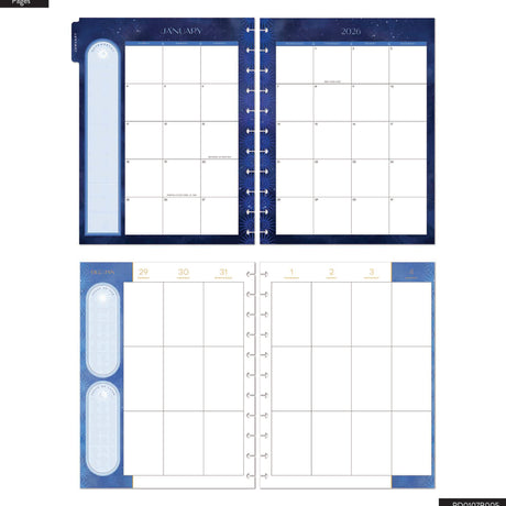 Blue planner cover with calendar layout on a white background