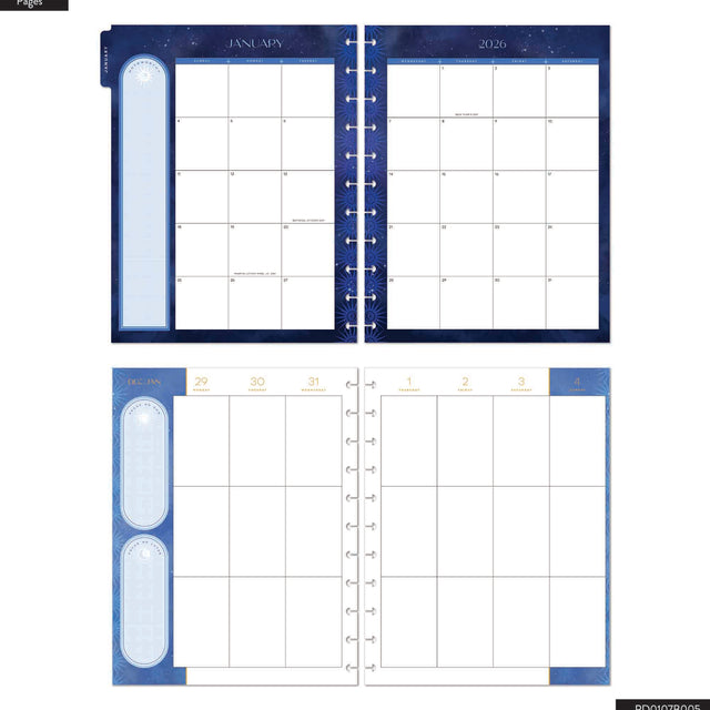 Blue planner cover with calendar layout on a white background