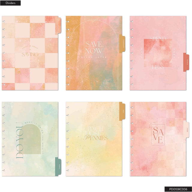 Set of six colorful planner dividers with various designs and text.