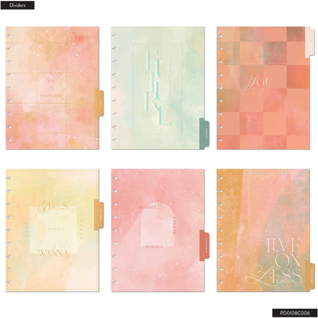 Happy Planner Classic Textured Budget Planner, colourful planner dividers with watercolour designs on a white background