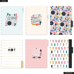 Happy Planner Classic Fitness Planner - 12 Month Dated 2026 colourful planner dividers with various designs on a white background
