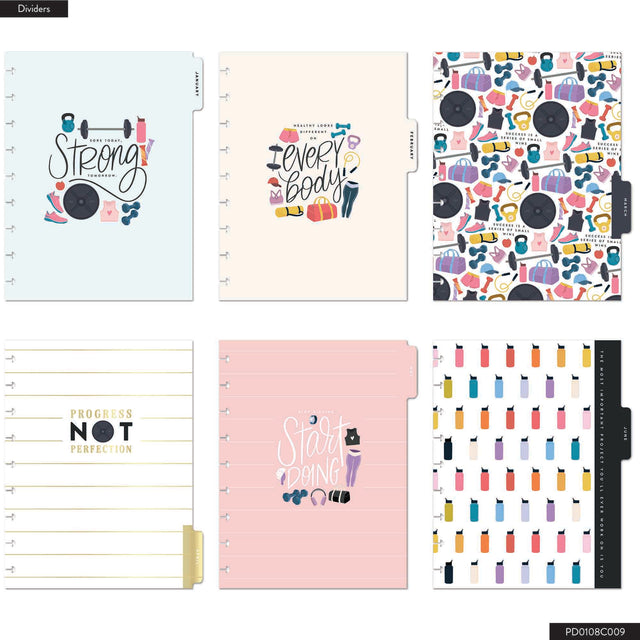 Happy Planner Classic Fitness Planner - 12 Month Dated 2026 colourful planner dividers with various designs on a white background