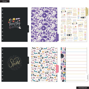 Collection of planner dividers with various designs and text on a white background
