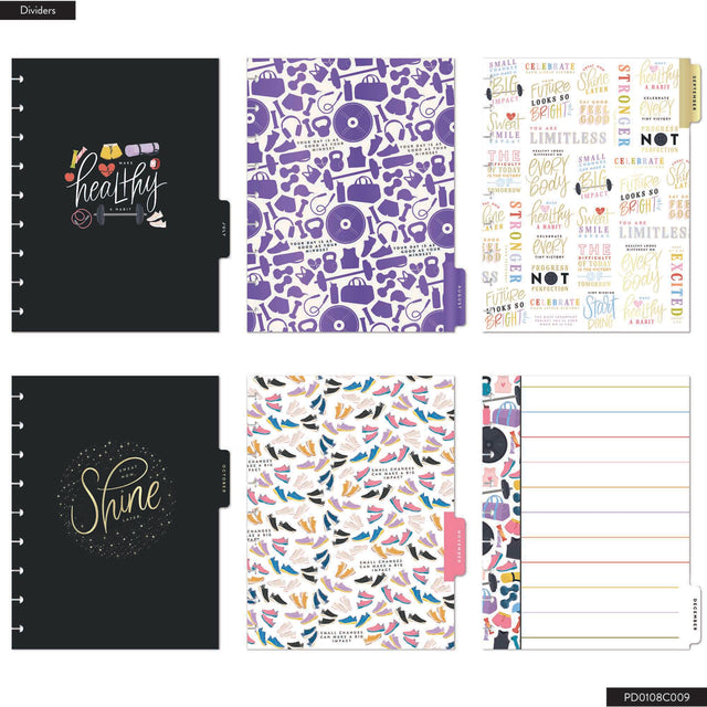 Collection of planner dividers with various designs and text on a white background