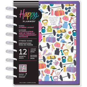 Happy Planner Classic Fitness Planner - 12 Month Dated 2026 planner with colourful icons on a white background