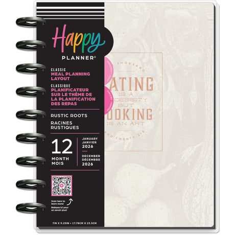  Happy Planner Classic Meal Planner - 12 Month Dated 2026 with colourful text and design on a white background
