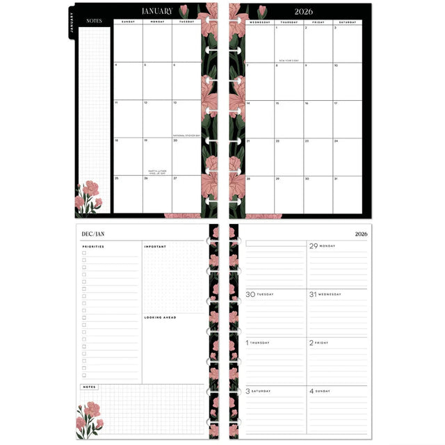 Happy Planner 2026 Dark Garden CLASSIC Dashboard calendar planner with floral design on a white background