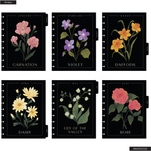 Set of six floral designs for each month on a black background