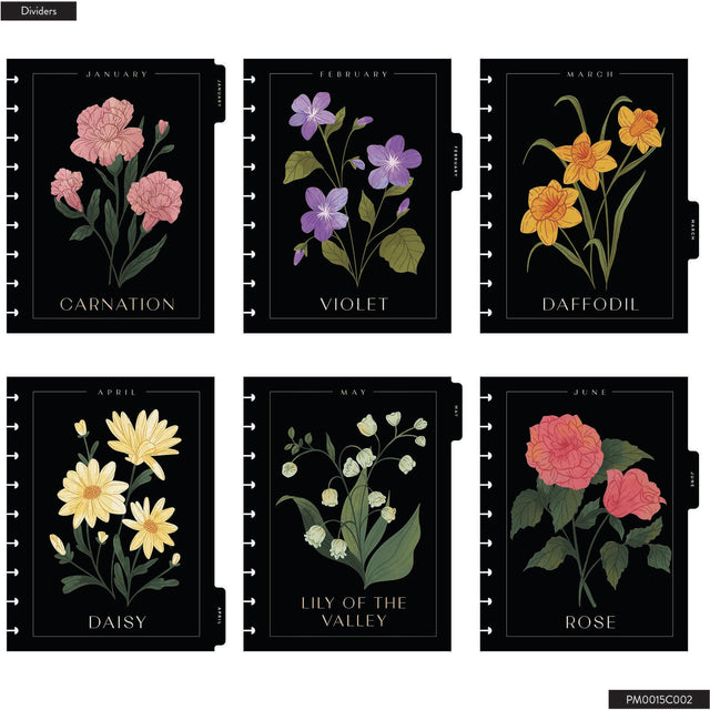 Set of six floral designs for each month on a black background