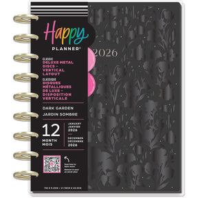 Happy Planner Deluxe Dark Garden Classic 12 Month 2026 dated 2026 planner with dark floral design and metallic accents metal discs