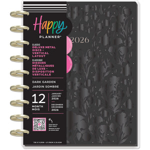 Happy Planner Deluxe Dark Garden Classic 12 Month 2026 dated 2026 planner with dark floral design and metallic accents metal discs