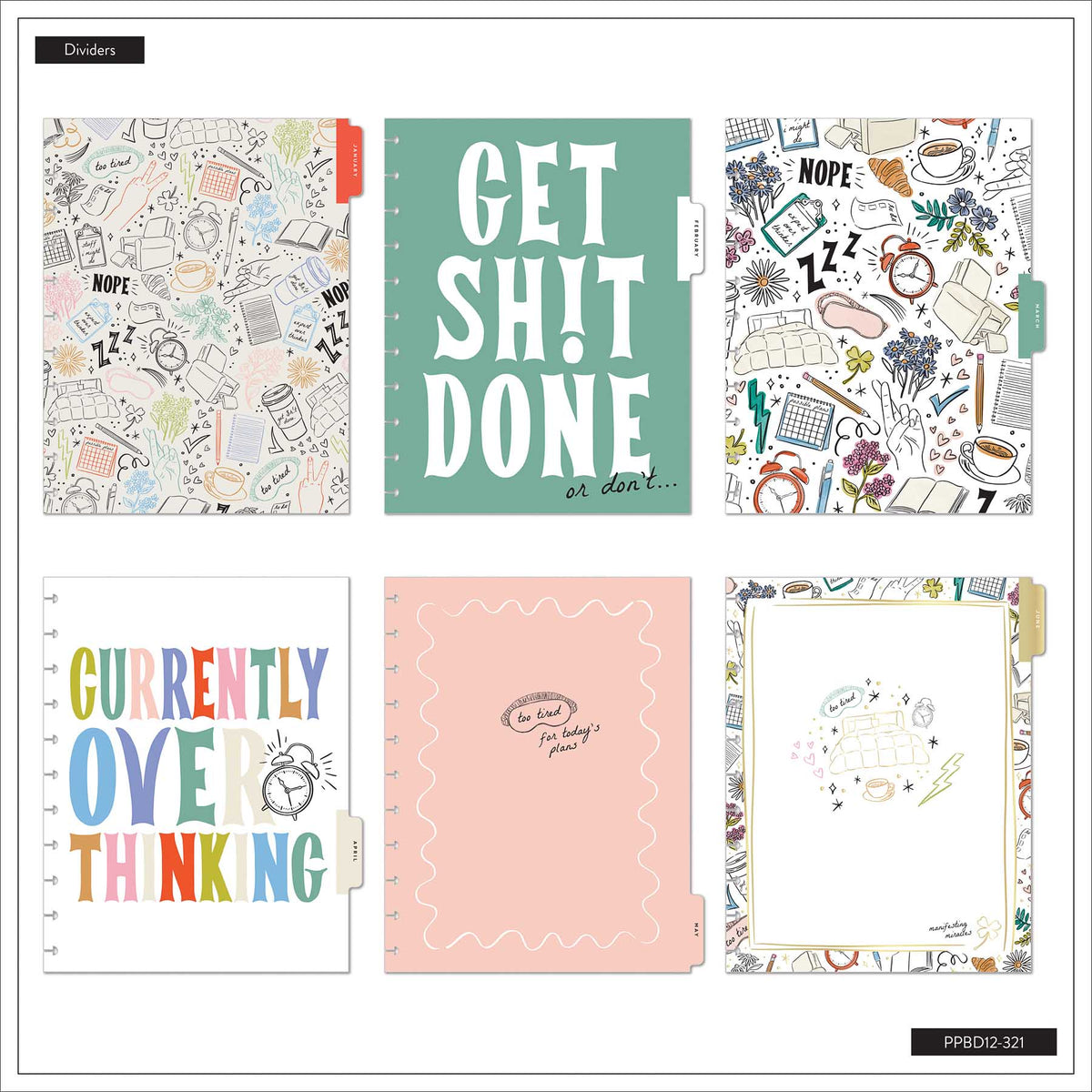 Pajama Plans Big Dashboard Planner illustrated monthly dividers with colourful quotes