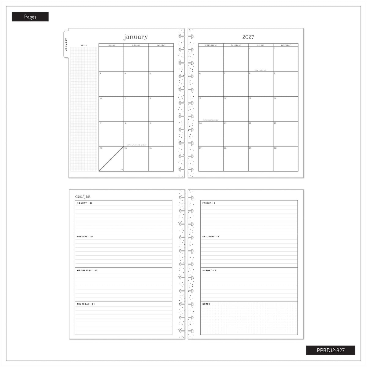 Happy Planner Hive and Bloom January calendar and lined planning pages