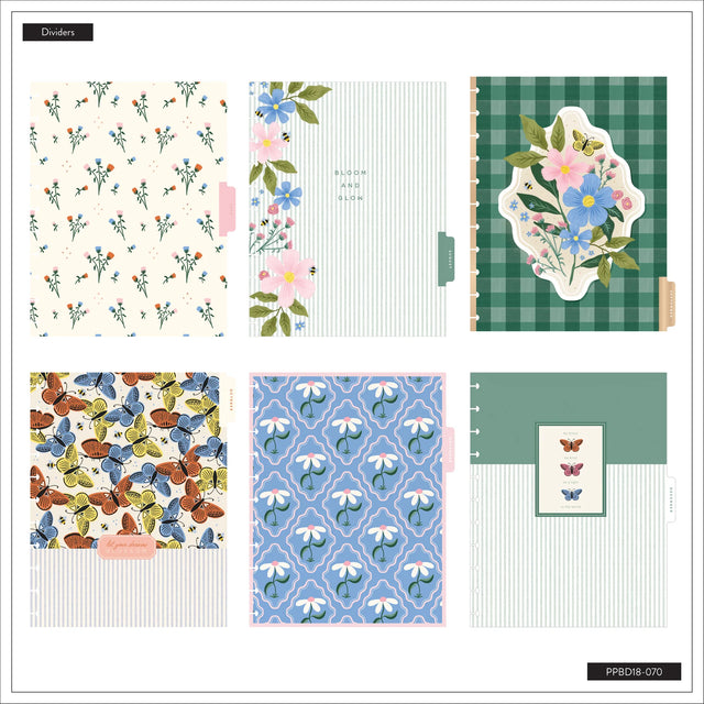 Collection of stationery items with floral and butterfly patterns on a white background