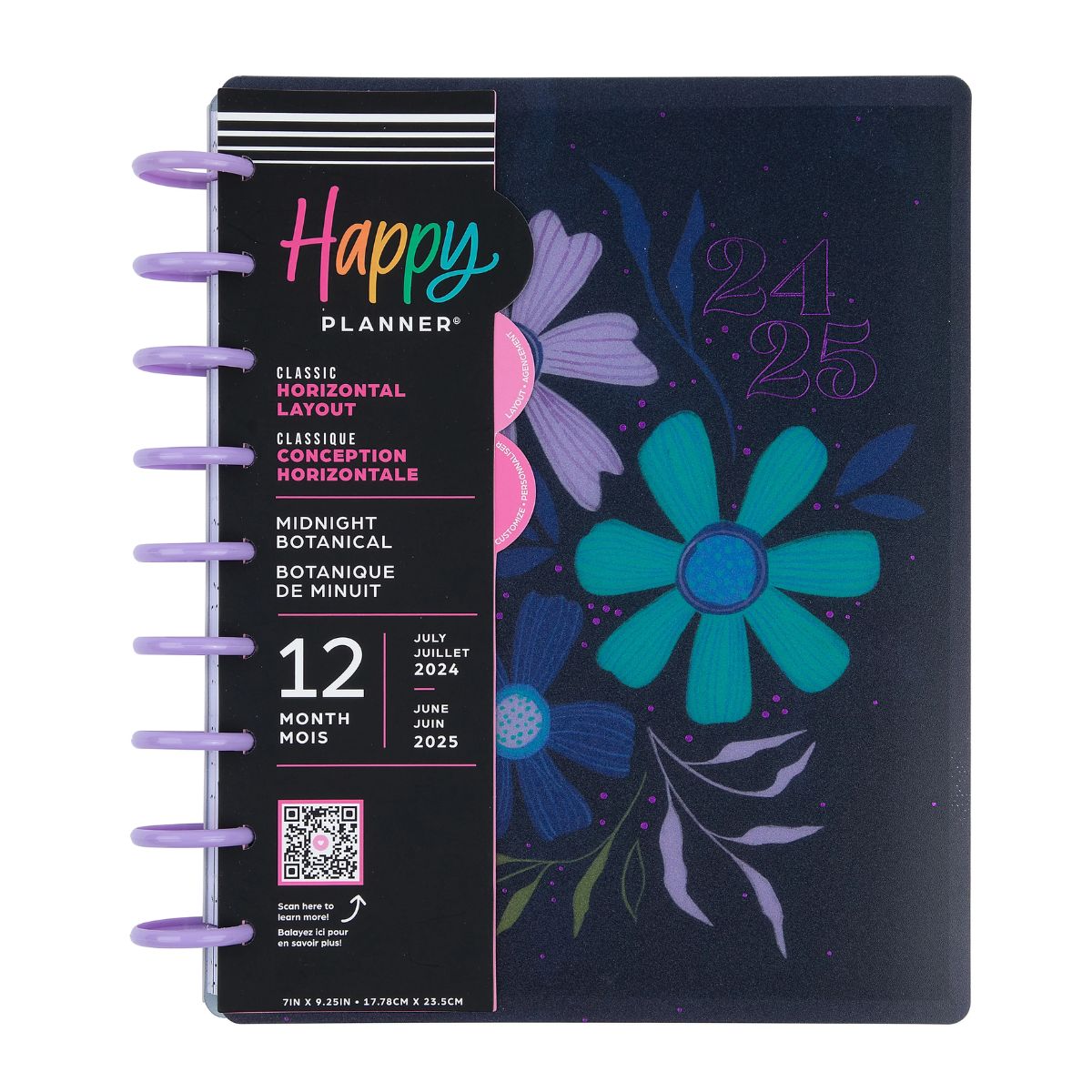 Happy Planner Midnight Botanical Classic | Horizontal 12-Months Dated Jul 2024 June 2025