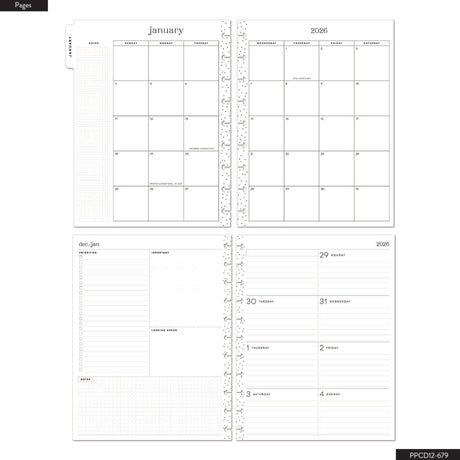 Happy Planner Vintage Garden Classic 12 Month Dated 2026 - Dashboard pages for January 2026 with grid layout and ruler on a white background.
