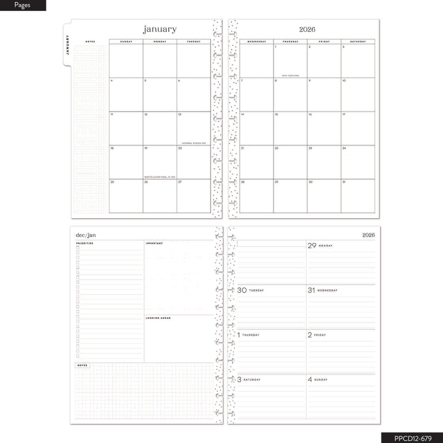 Happy Planner Vintage Garden Classic 12 Month Dated 2026 - Dashboard pages for January 2026 with grid layout and ruler on a white background.