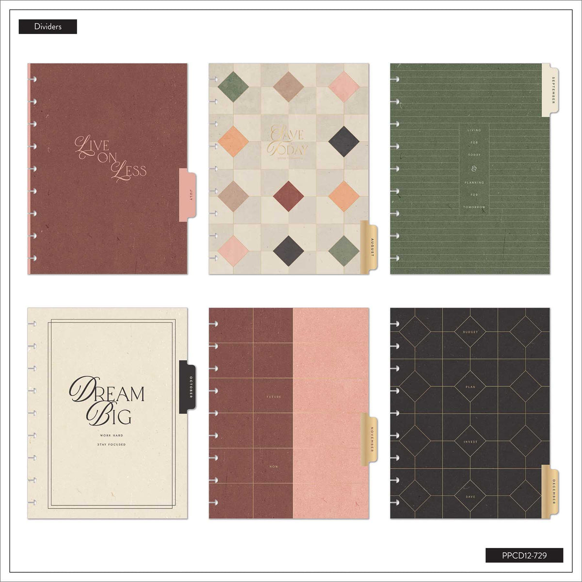 Amber & Oak Budget Planner with six patterned dividers in neutral tones