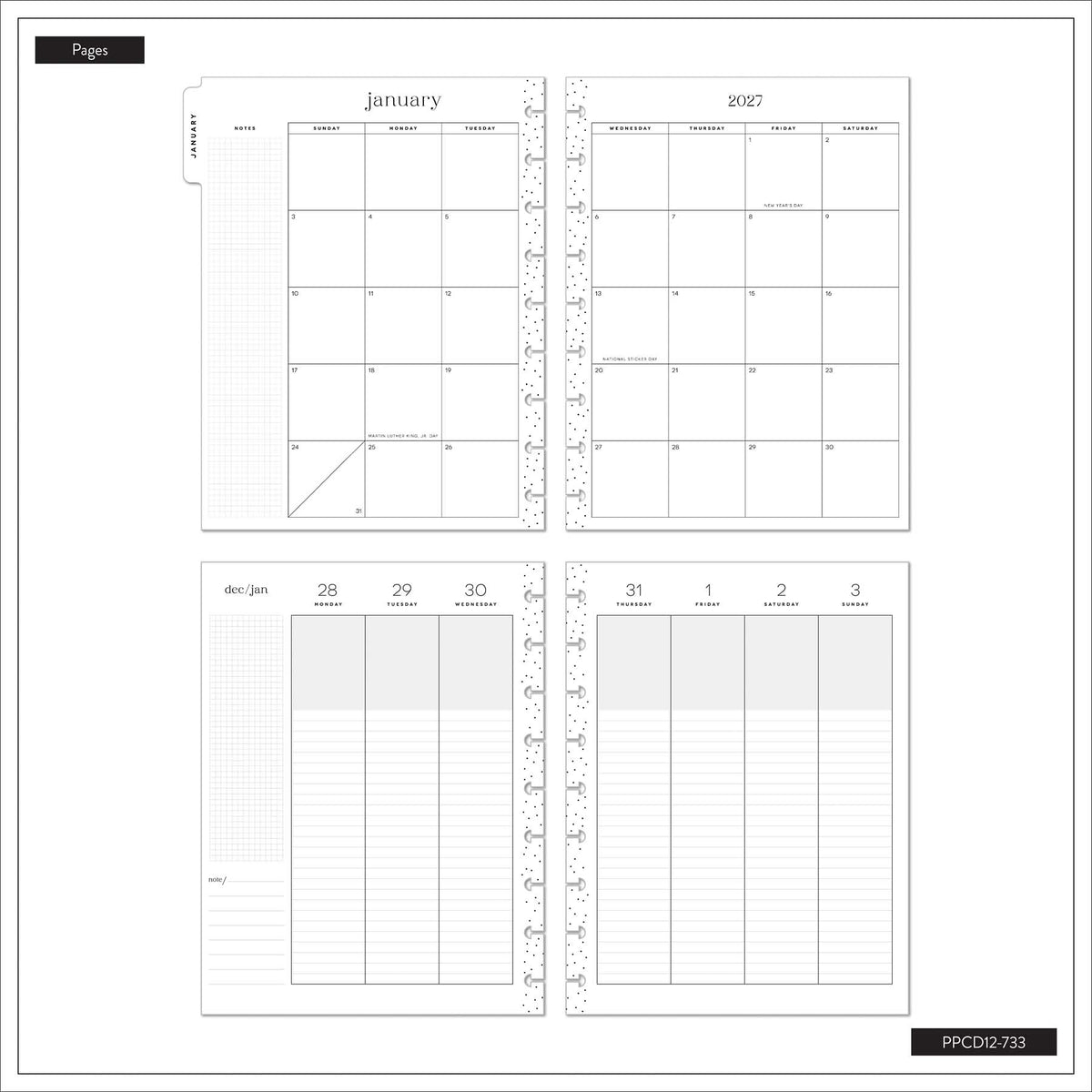 Happy Planner Life In Whimsy Classic Lined Vertical Planner 2027: January calendar and lined weekly planning pages