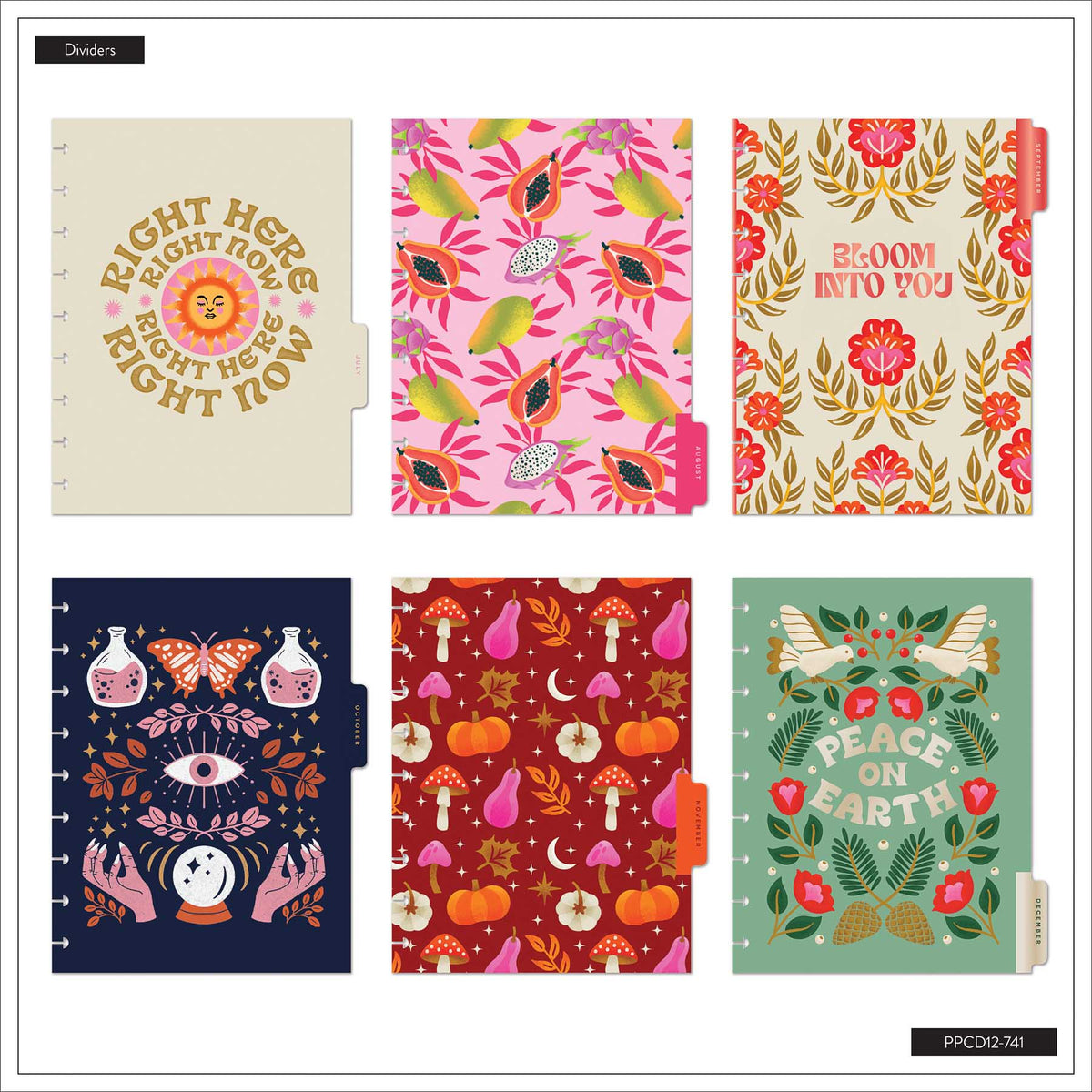 Happy Planner Bright Seasons Classic Dashboard Planner 2027: Six floral and seasonal divider designs