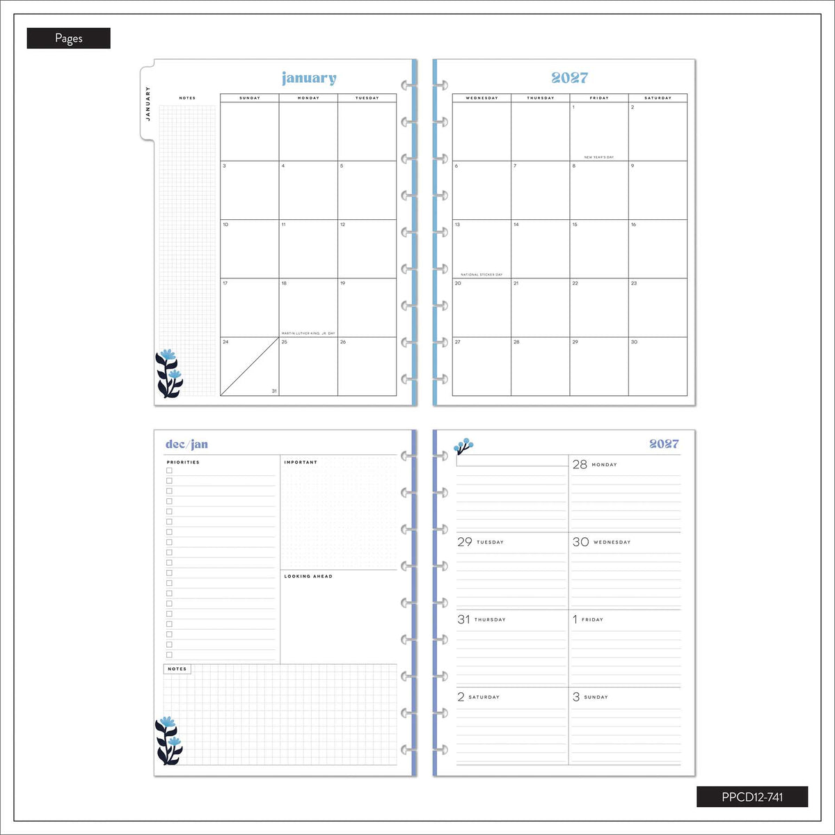 Happy Planner Bright Seasons Classic Dashboard Planner 2027: Monthly and weekly planning pages with blue floral accents