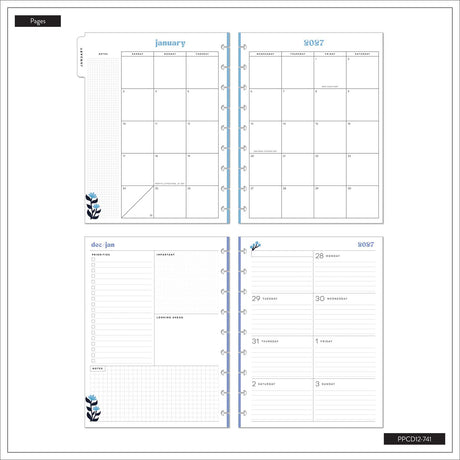 Happy Planner Bright Seasons Classic Dashboard Planner 2027: Monthly and weekly planning pages with blue floral accents