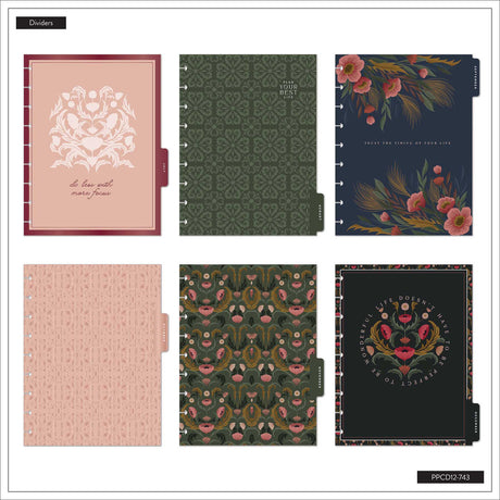 Happy Planner Twilight Tapestry Classic Horizontal Planner 2027: Six floral and patterned dividers in pink, green, navy and black