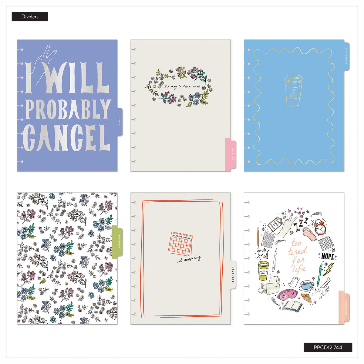 Happy Planner Pajama Plans Classic Horizontal Planner 2027: Six floral and daily-life themed divider designs