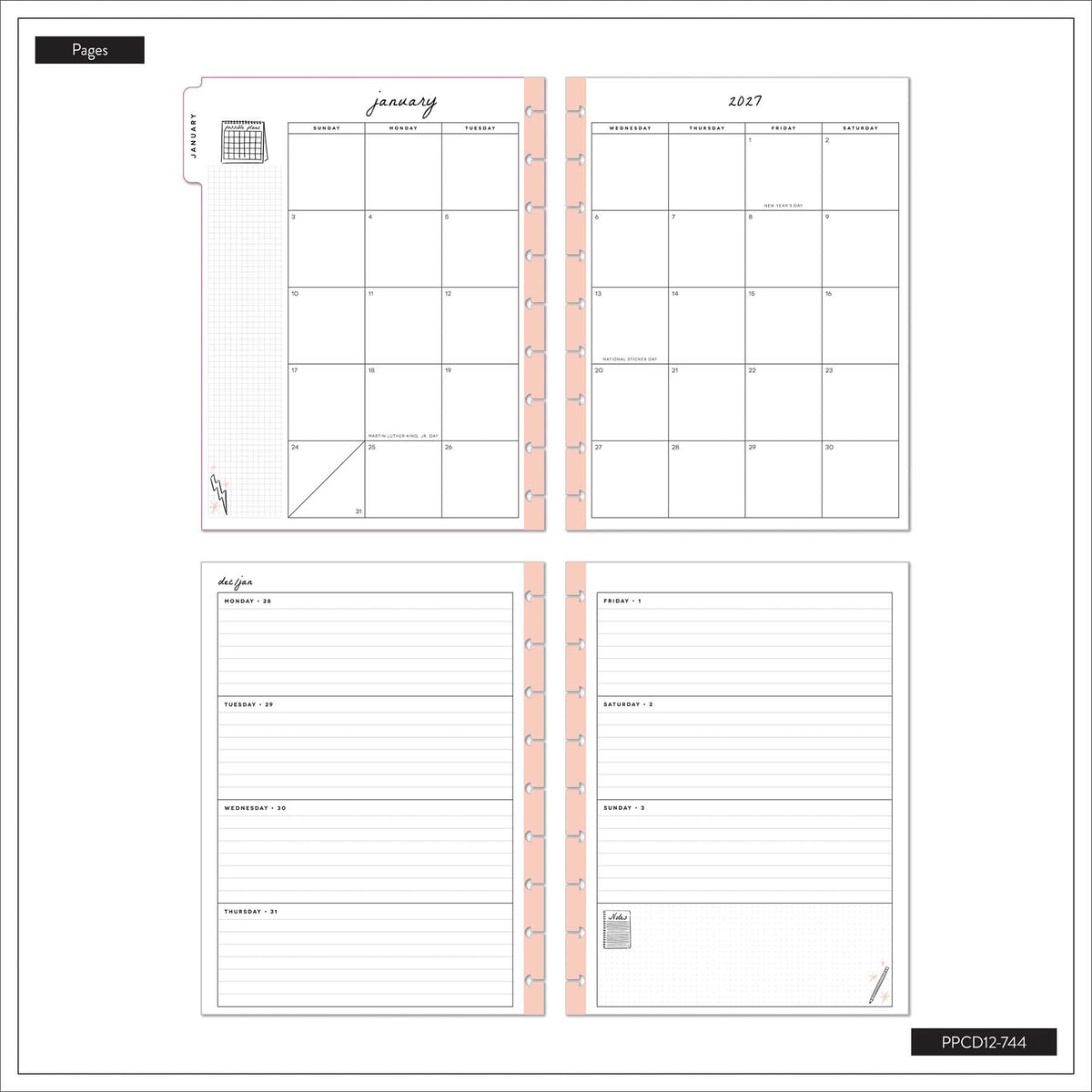 Happy Planner Pajama Plans Classic Horizontal Planner 2027: January calendar pages and lined note sections
