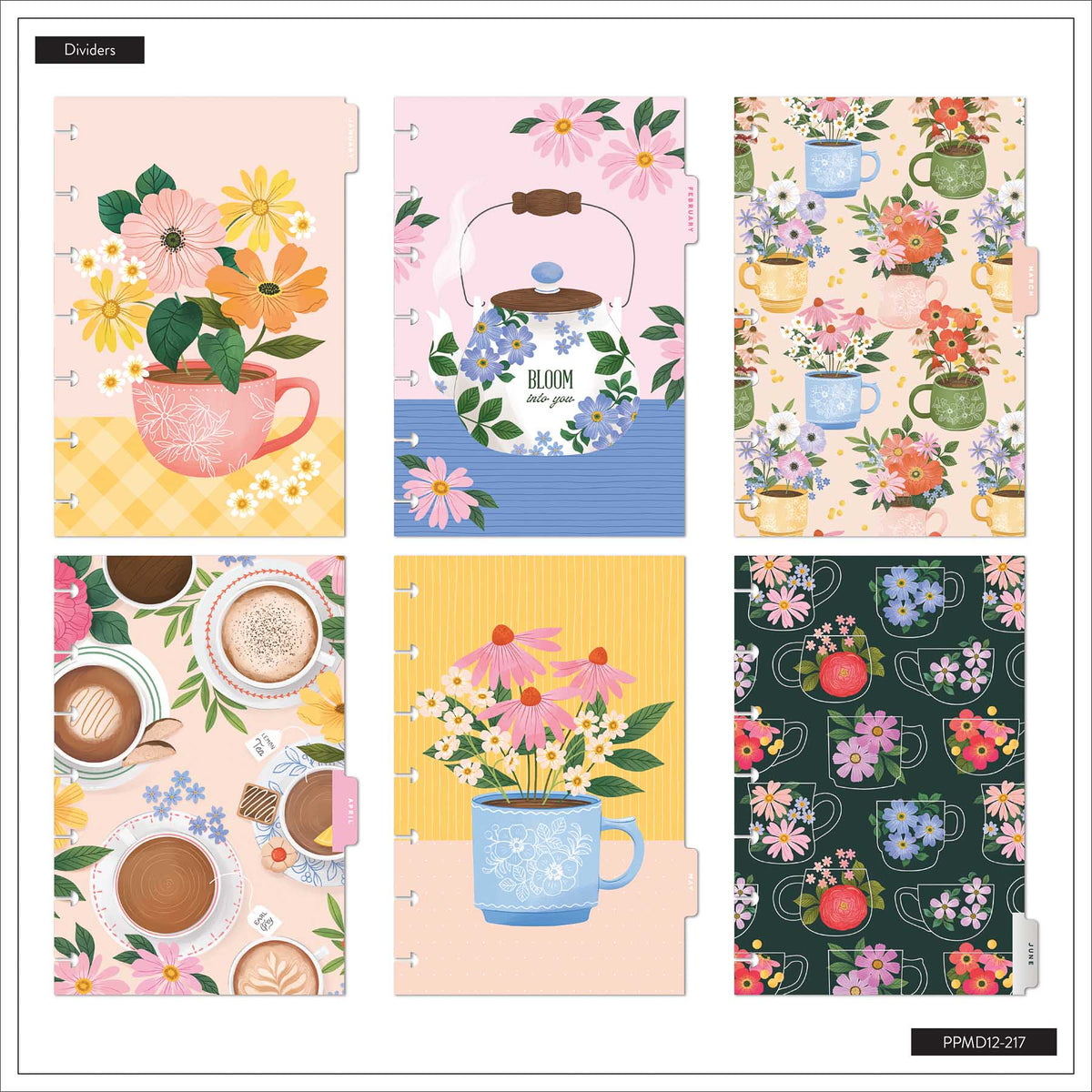 Petal Press Mini planner floral dividers with coffee cups, teapots and botanical patterns