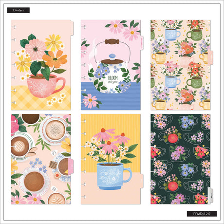 Petal Press Mini planner floral dividers with coffee cups, teapots and botanical patterns