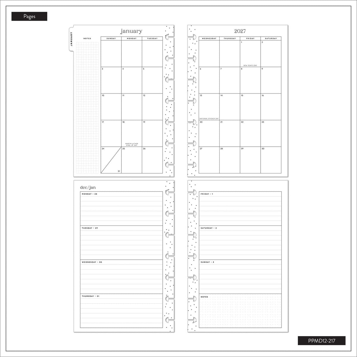 Happy Planner Petal Press January and 2027 calendars with lined notes pages
